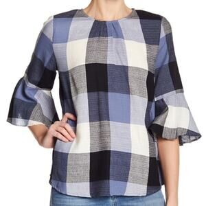 RO&DE Plaid Check Bell Sleeve Bow Back Blouse - Size S